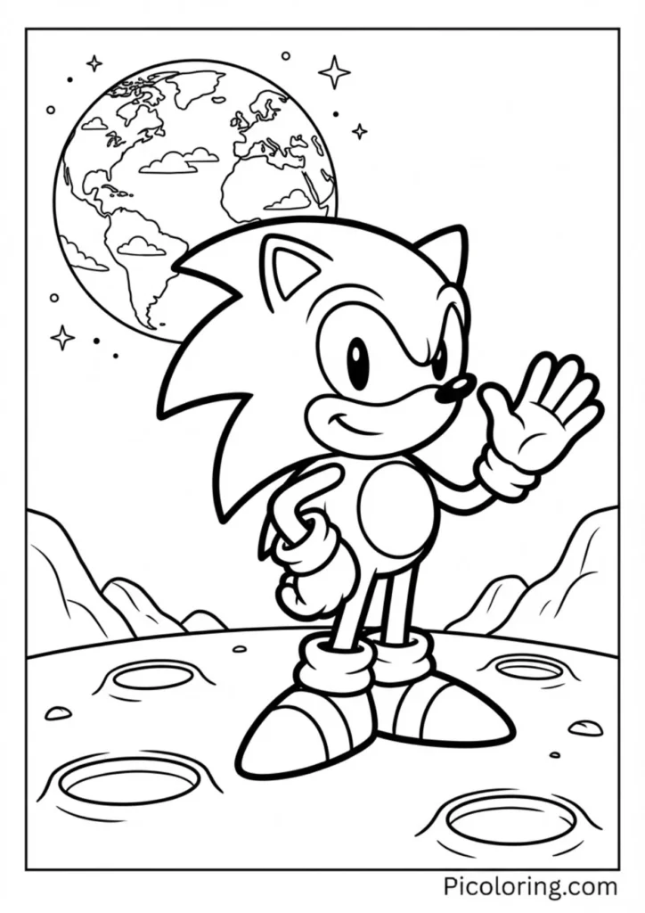Sonic standing on the moon looking at Earth in the distance