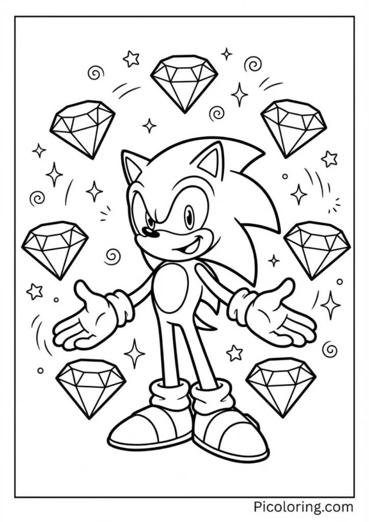 Sonic surrounded by the seven colorful Chaos Emeralds