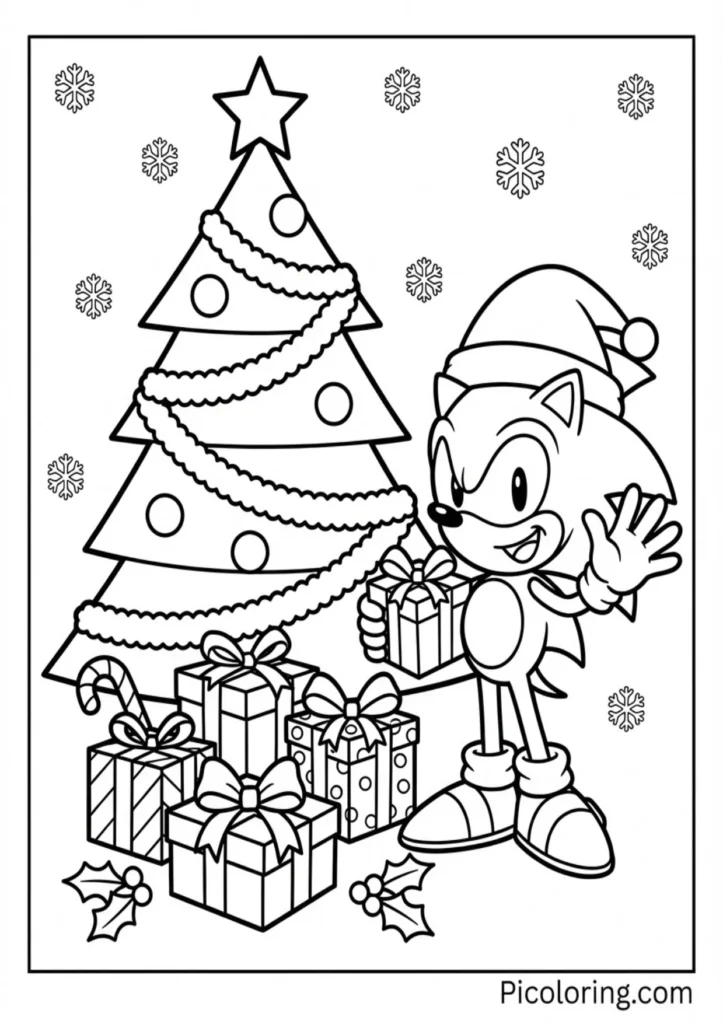 Sonic wearing a Santa hat next to a Christmas tree with presents