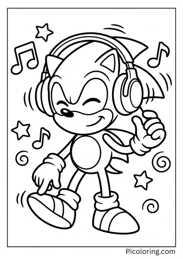 Sonic wearing headphones and enjoying music