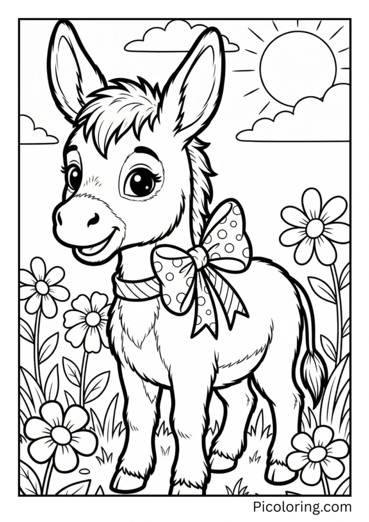 A charming baby donkey wearing a decorative bow around its neck