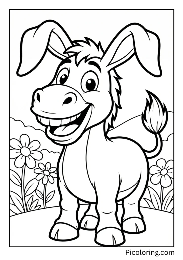 A cheerful cartoon donkey with a big smile and exaggerated features