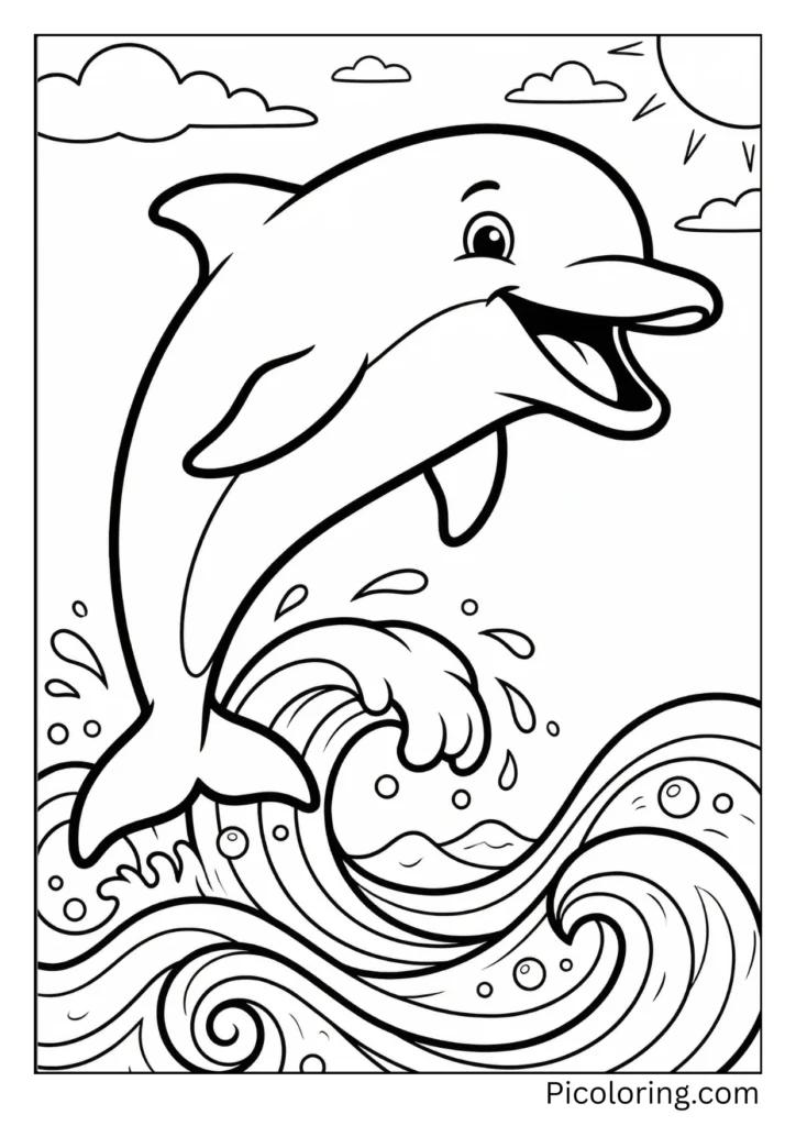 A cheerful dolphin leaping high above ocean waves with a big smile