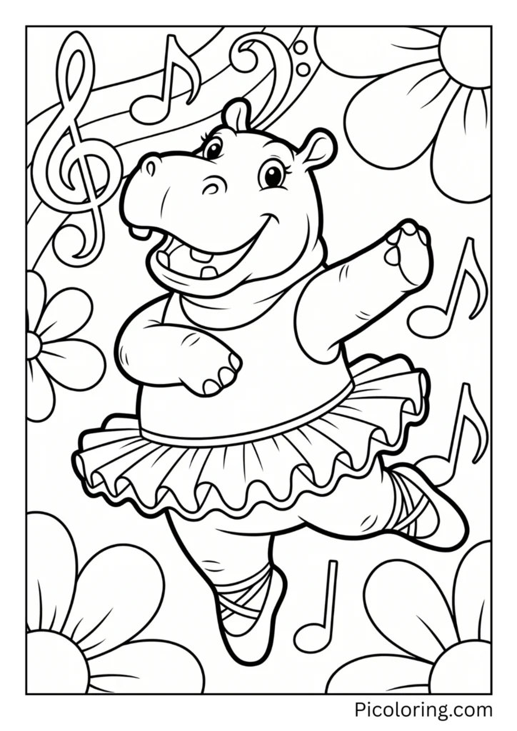 A cheerful hippo dancing in a tutu like a ballerina