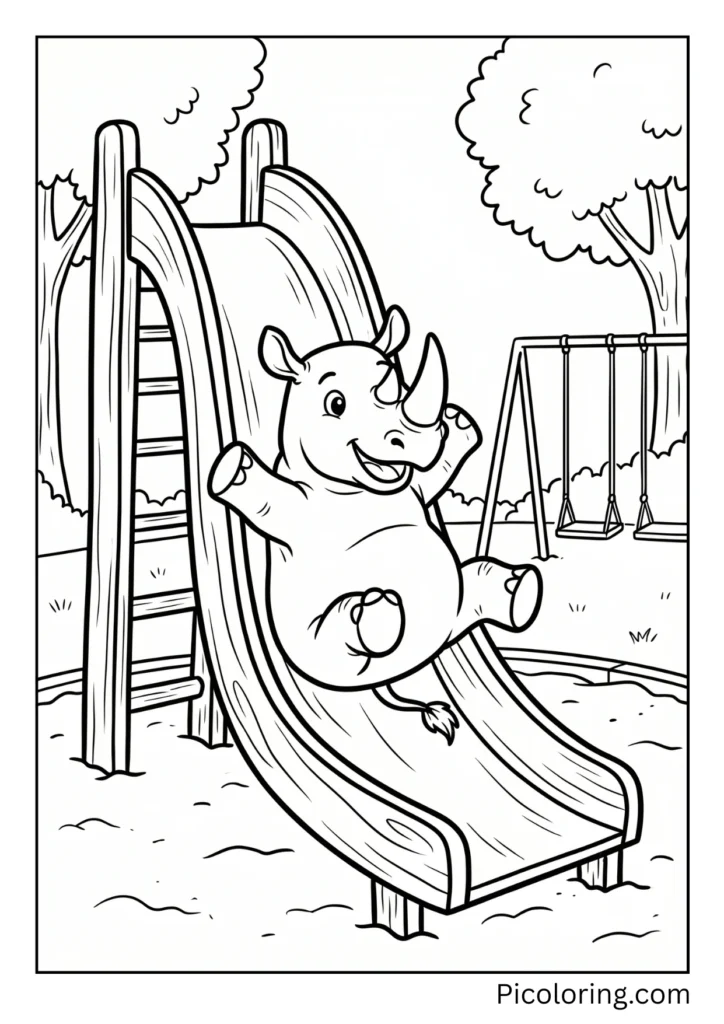 A cheerful rhino going down a playground slide