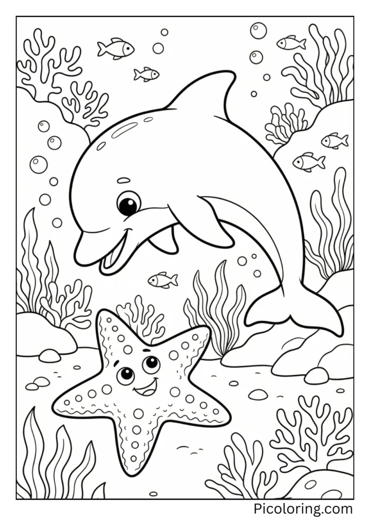 A curious dolphin discovering a starfish on the ocean floor