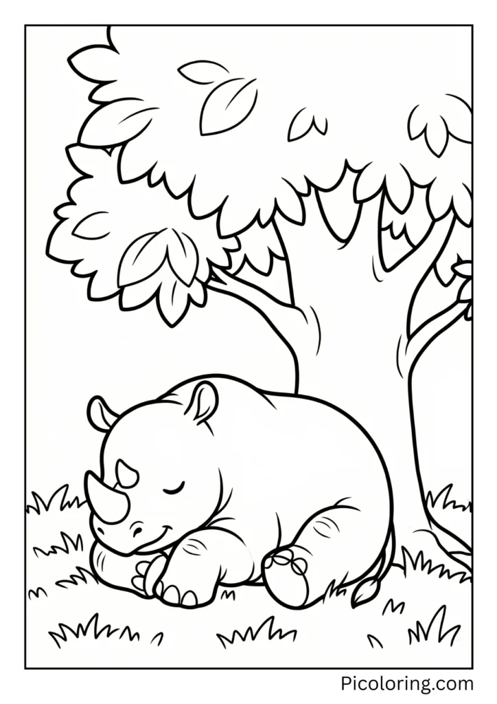 A cute baby rhino curled up sleeping under a tree