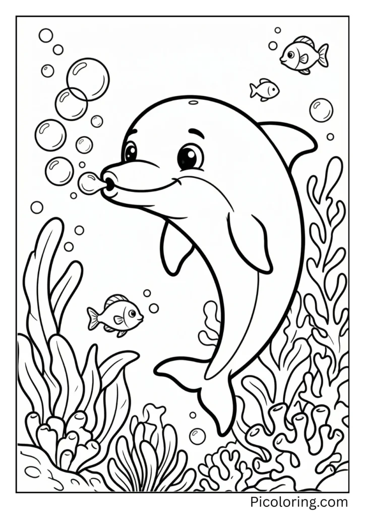 A cute dolphin making bubble rings underwater