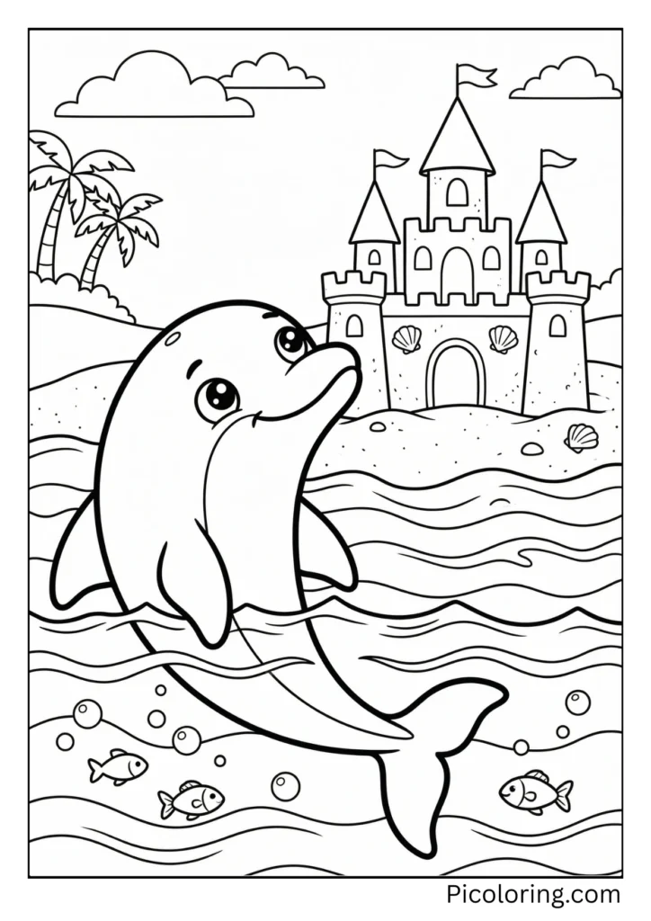 A dolphin admiring a sandcastle from the water