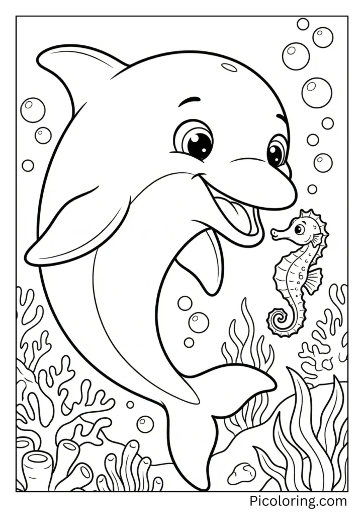 A dolphin befriending a tiny seahorse