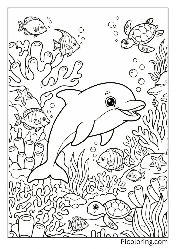 A dolphin exploring a vibrant coral reef ecosystem