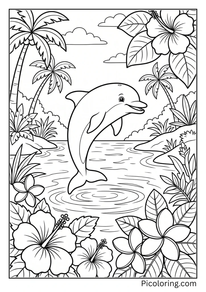 A dolphin in a calm, tropical lagoon with flowers