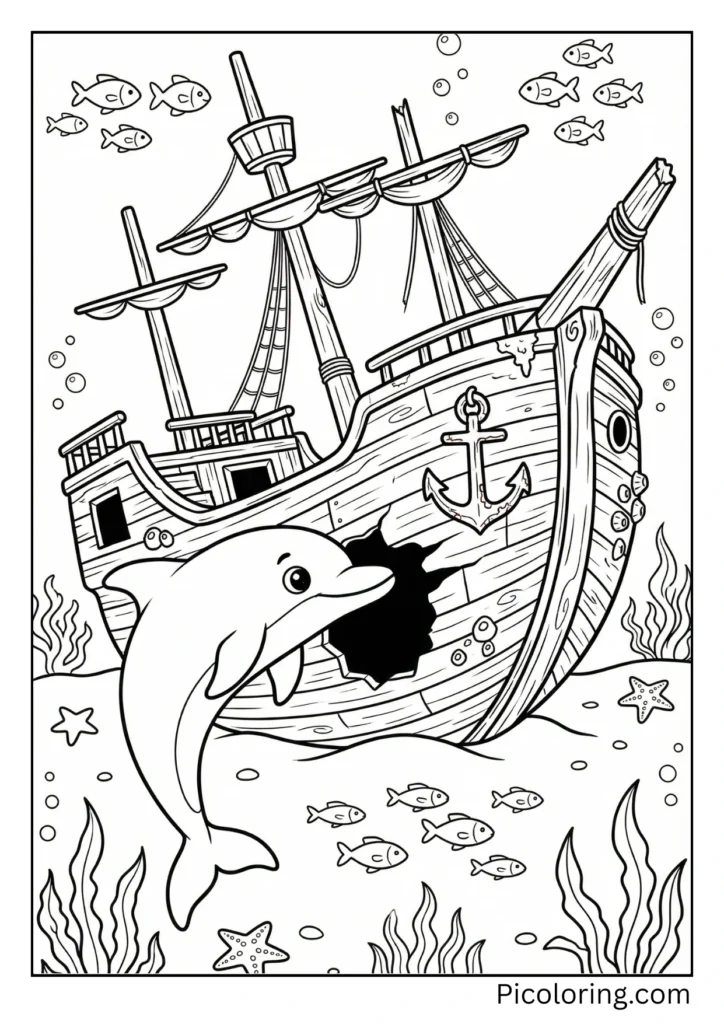 A dolphin investigating an old sunken ship