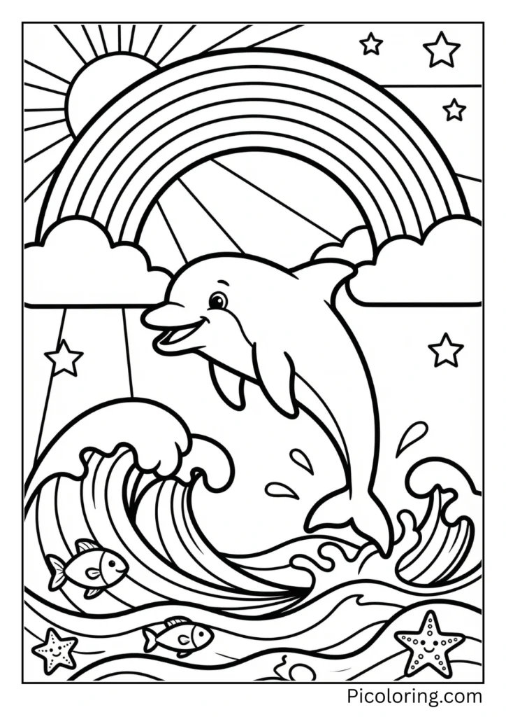 A dolphin jumping beneath a beautiful rainbow