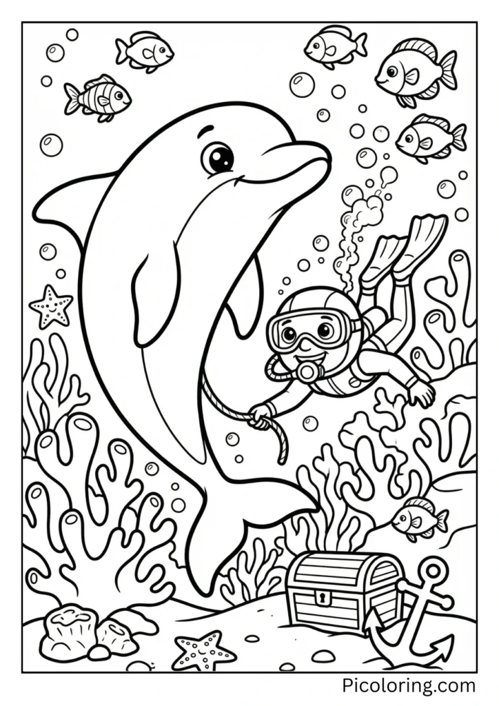A dolphin leading a scuba diver on an adventure
