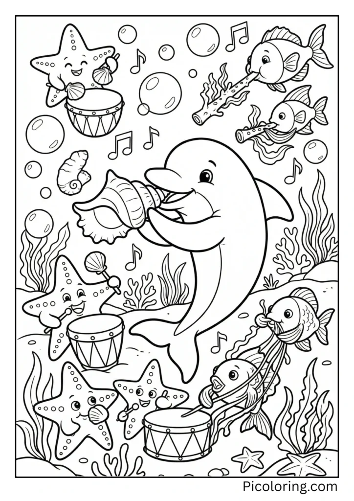 A dolphin making music with ocean instruments