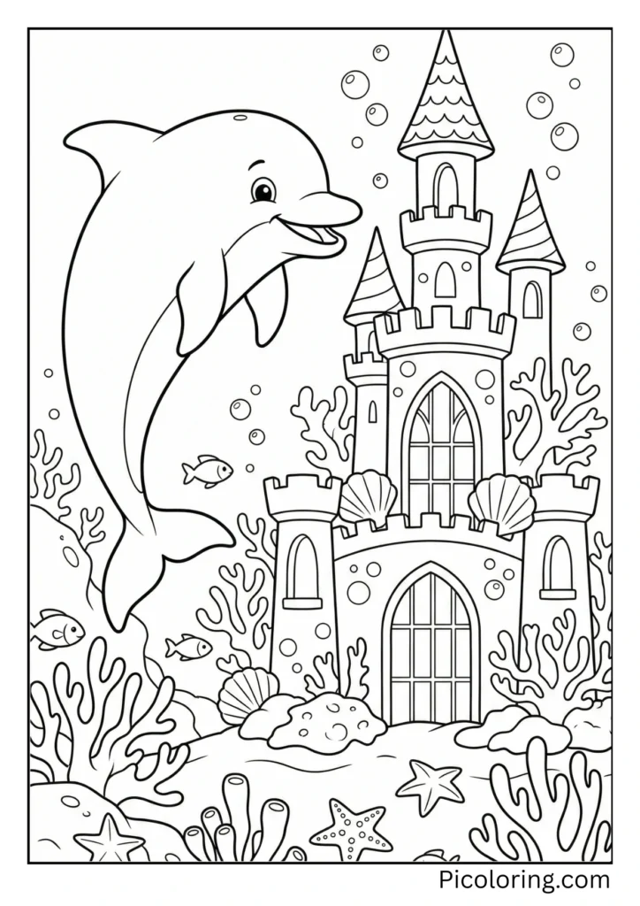 A dolphin near an underwater castle