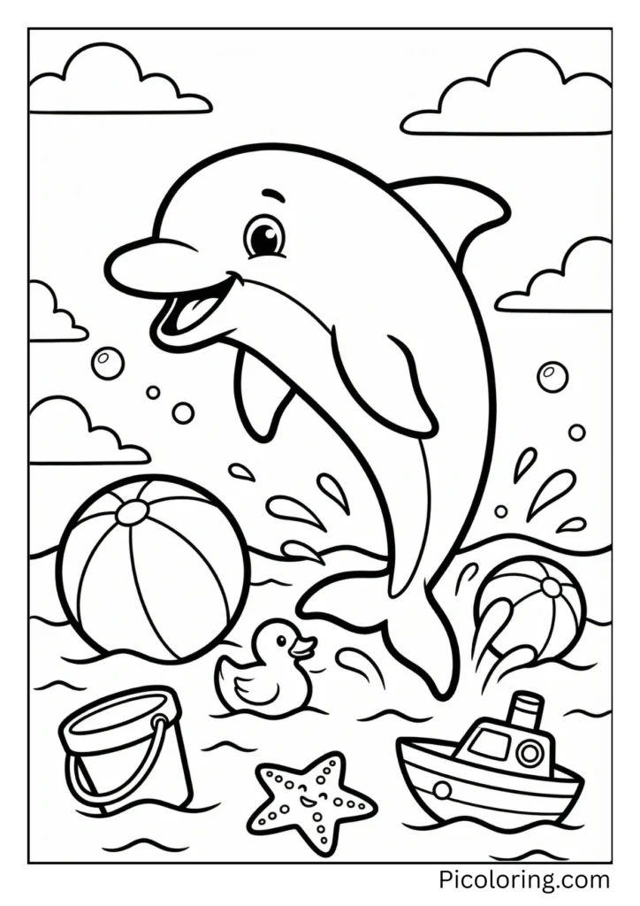 A dolphin playing with floating beach toys