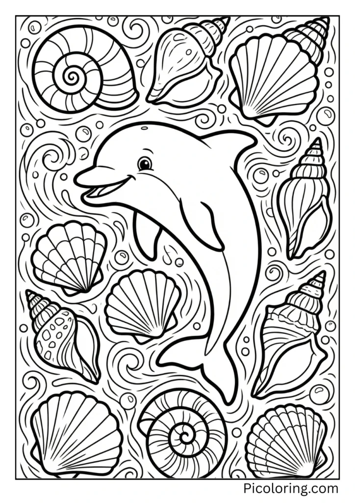 A dolphin surrounded by beautiful seashells