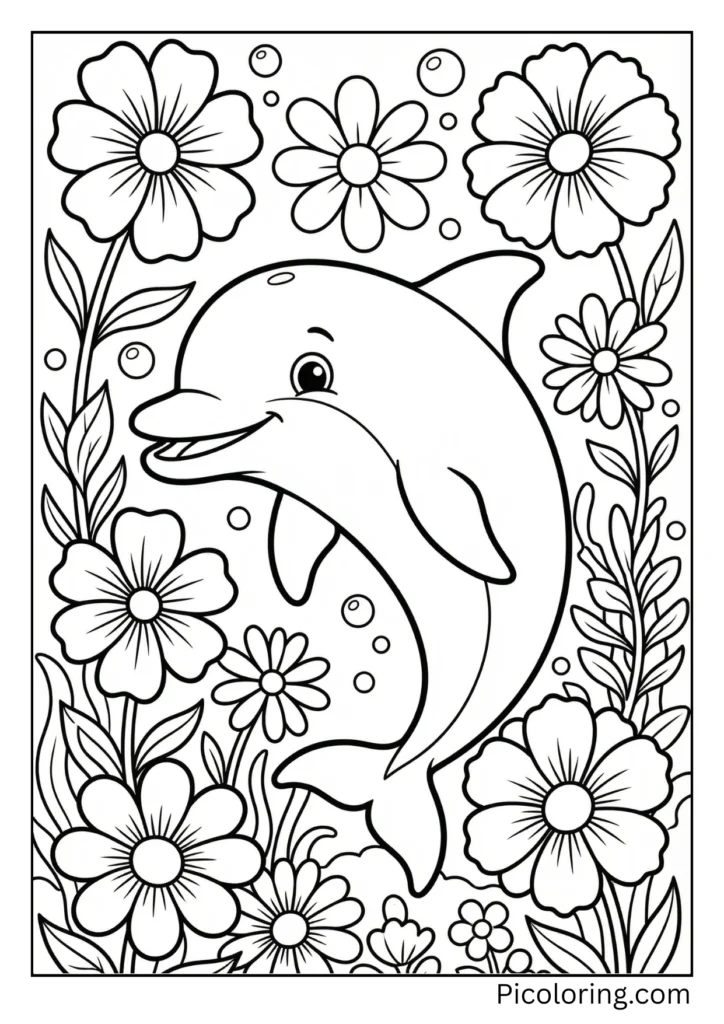 A-dolphin-surrounded-by-blooming-underwater-flowers