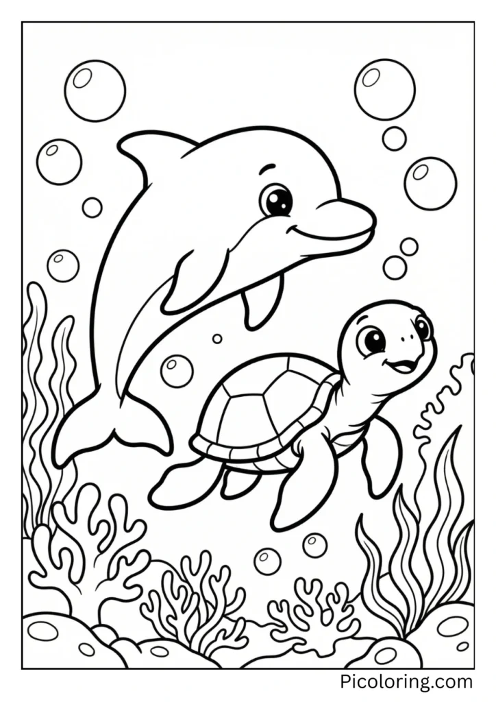 A dolphin swimming alongside a friendly sea turtle
