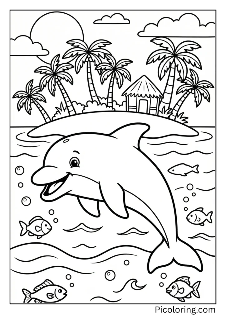 A dolphin swimming by a tropical island with palm trees
