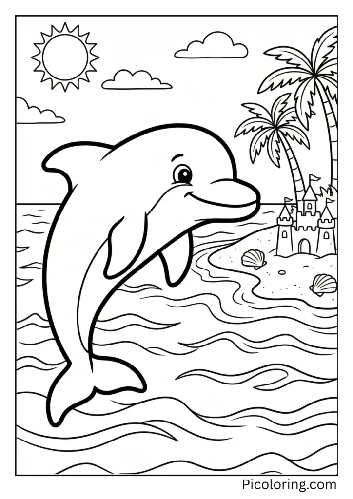 A dolphin swimming close to a sandy beach