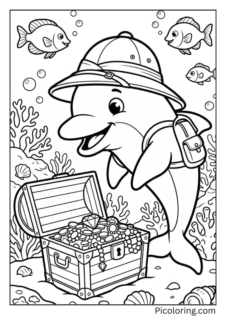 A dolphin wearing a explorer hat discovering treasure