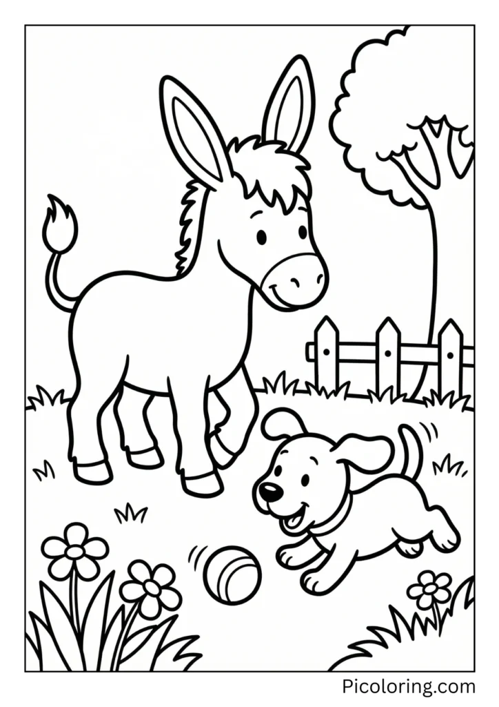 A donkey and a playful dog being friends in a yard