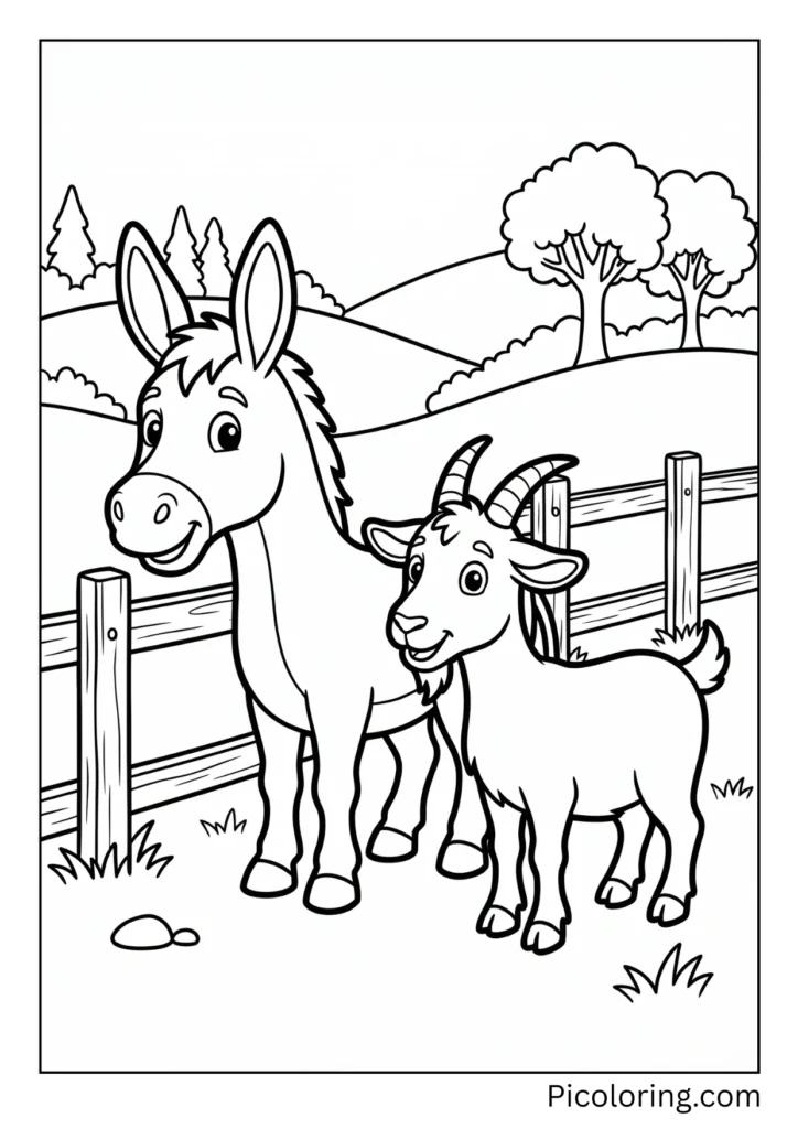 A donkey and goat standing together near a fence