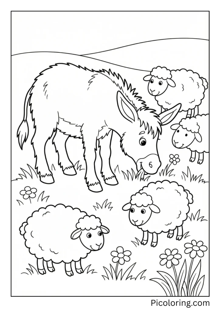 A donkey grazing peacefully alongside fluffy sheep