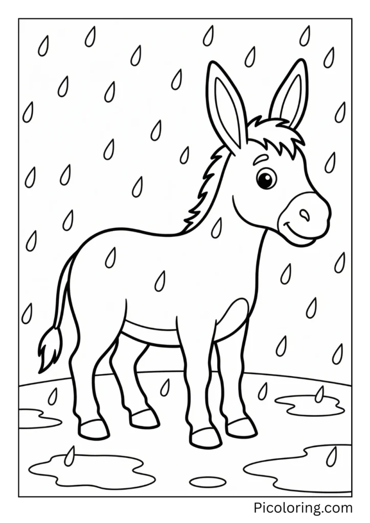 A donkey standing in gentle rain with puddles and raindrops visible