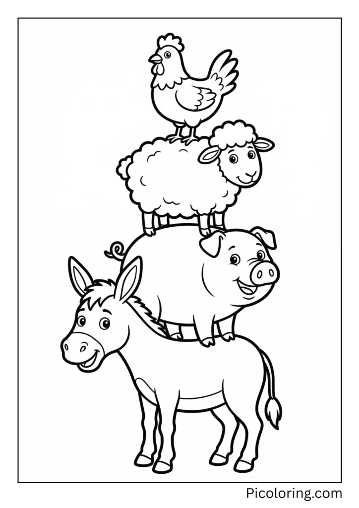 A donkey standing with other animals in a tower formation