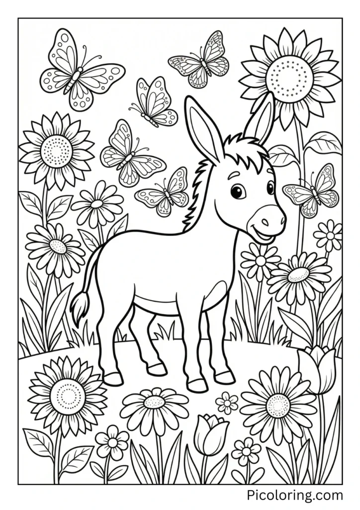 A donkey surrounded by beautiful wildflowers and butterflies