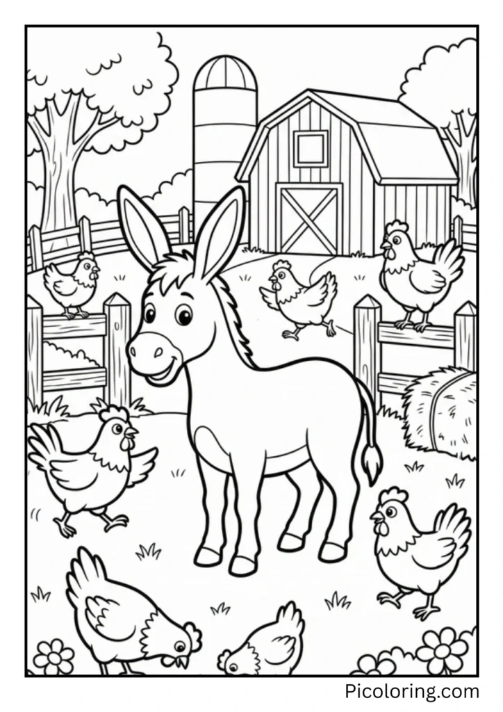 A donkey surrounded by playful chickens in a farmyard setting