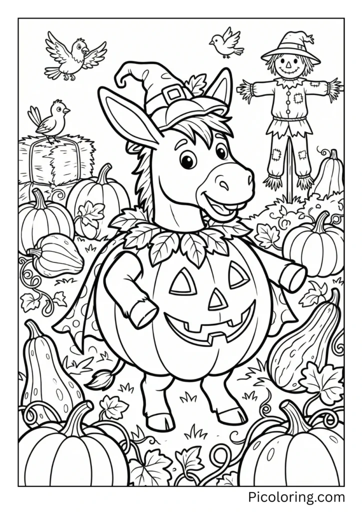 A donkey wearing a fun costume with pumpkins around