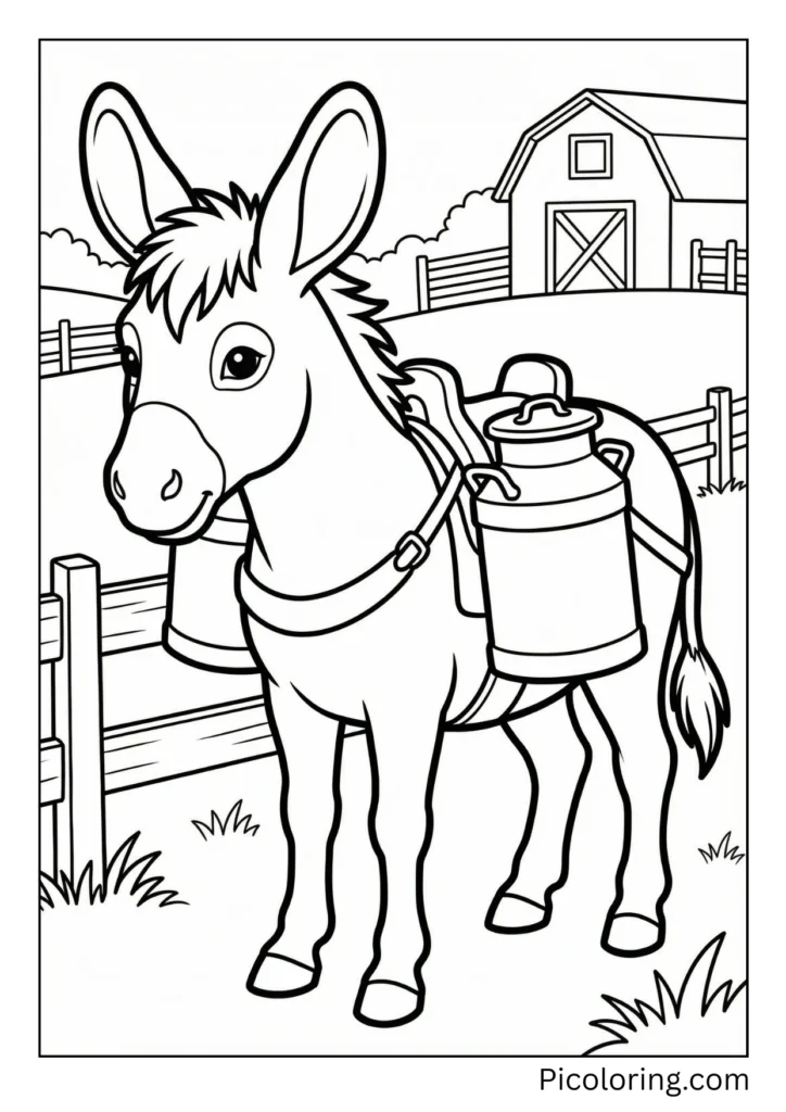 A farm donkey carrying traditional milk cans on either side