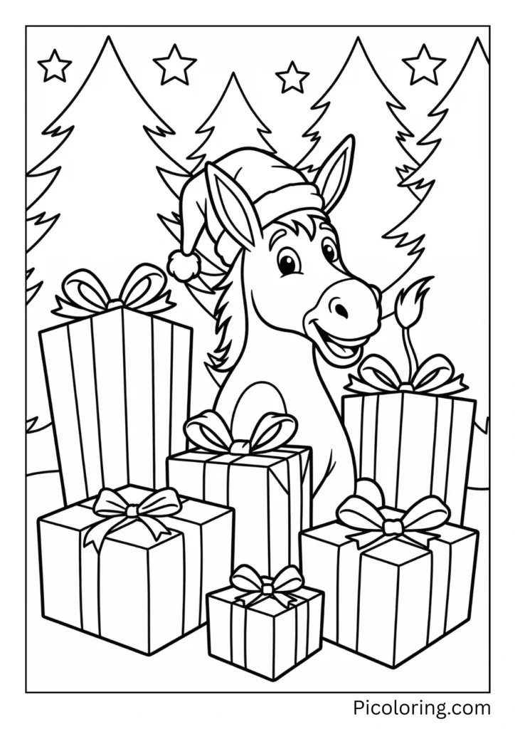 A festive donkey wearing a Santa hat with presents nearby