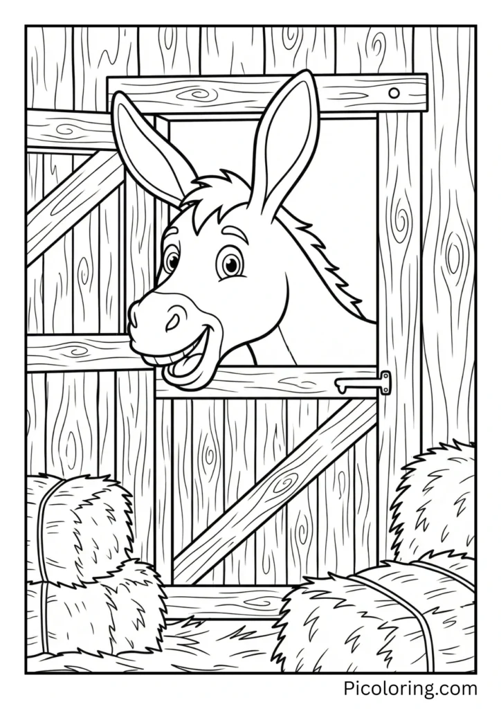 A friendly donkey peeking out from a rustic wooden barn door with hay bales around