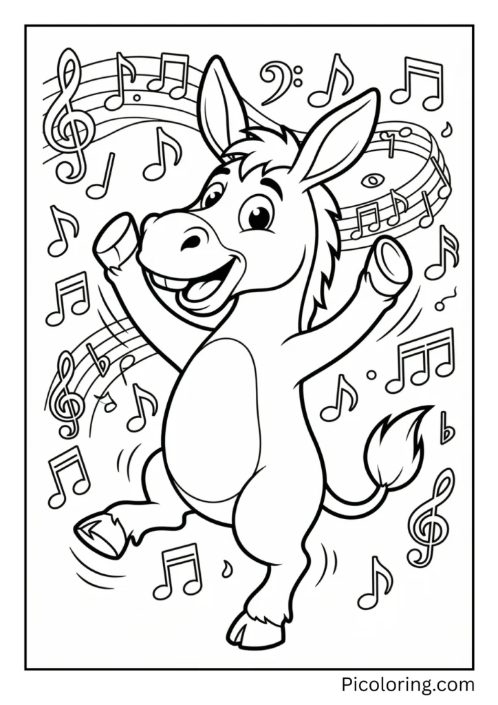 A fun cartoon donkey dancing with musical notes floating around