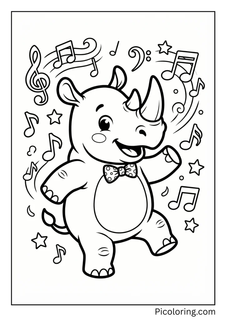 A fun cartoon rhino dancing with musical notes around