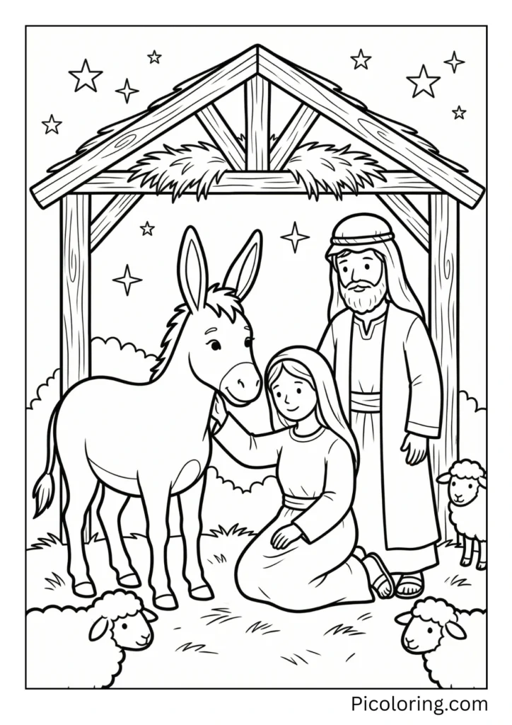 A gentle donkey from the nativity scene with Mary and Joseph