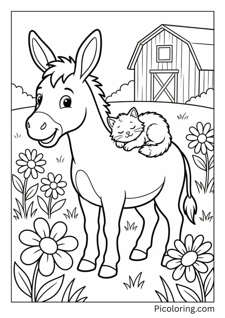 A gentle donkey with a small cat sitting on its back