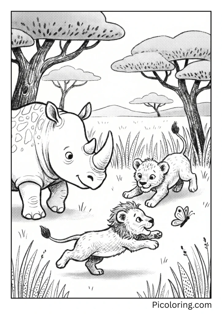 A gentle rhino watching playful lion cubs