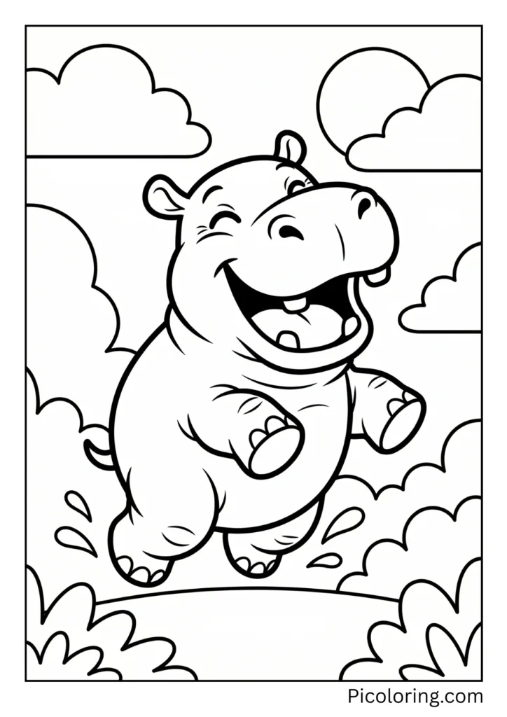 A happy baby hippo jumping with a big smile