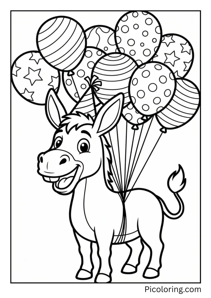 A happy cartoon donkey holding colorful birthday balloons