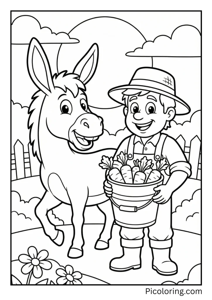 A happy donkey standing next to a smiling farmer holding a bucket of carrots