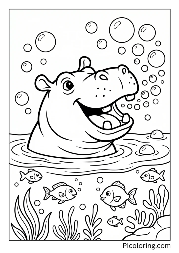 A happy hippo blowing bubbles in the water