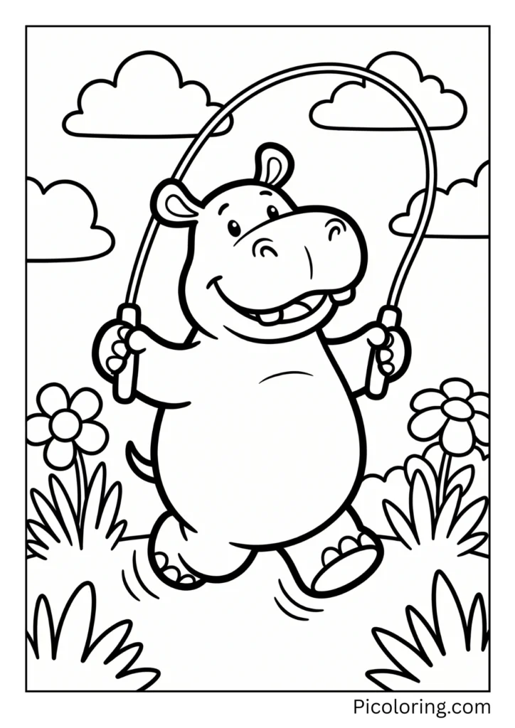 A happy hippo skipping with a jump rope