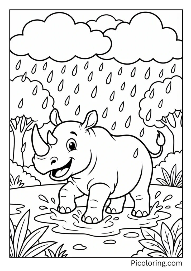 A happy rhino enjoying rainfall
